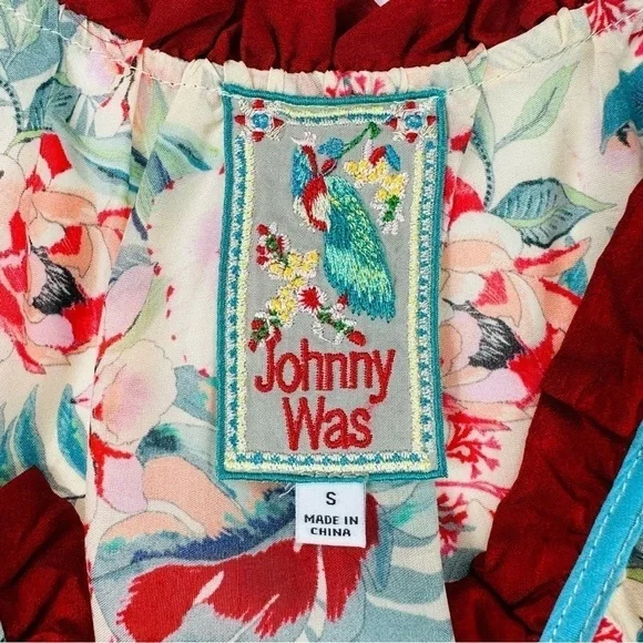 JOHNNY WAS Sz S Top Blue Floral Print Cold Shoulder - Picture 13 of 13